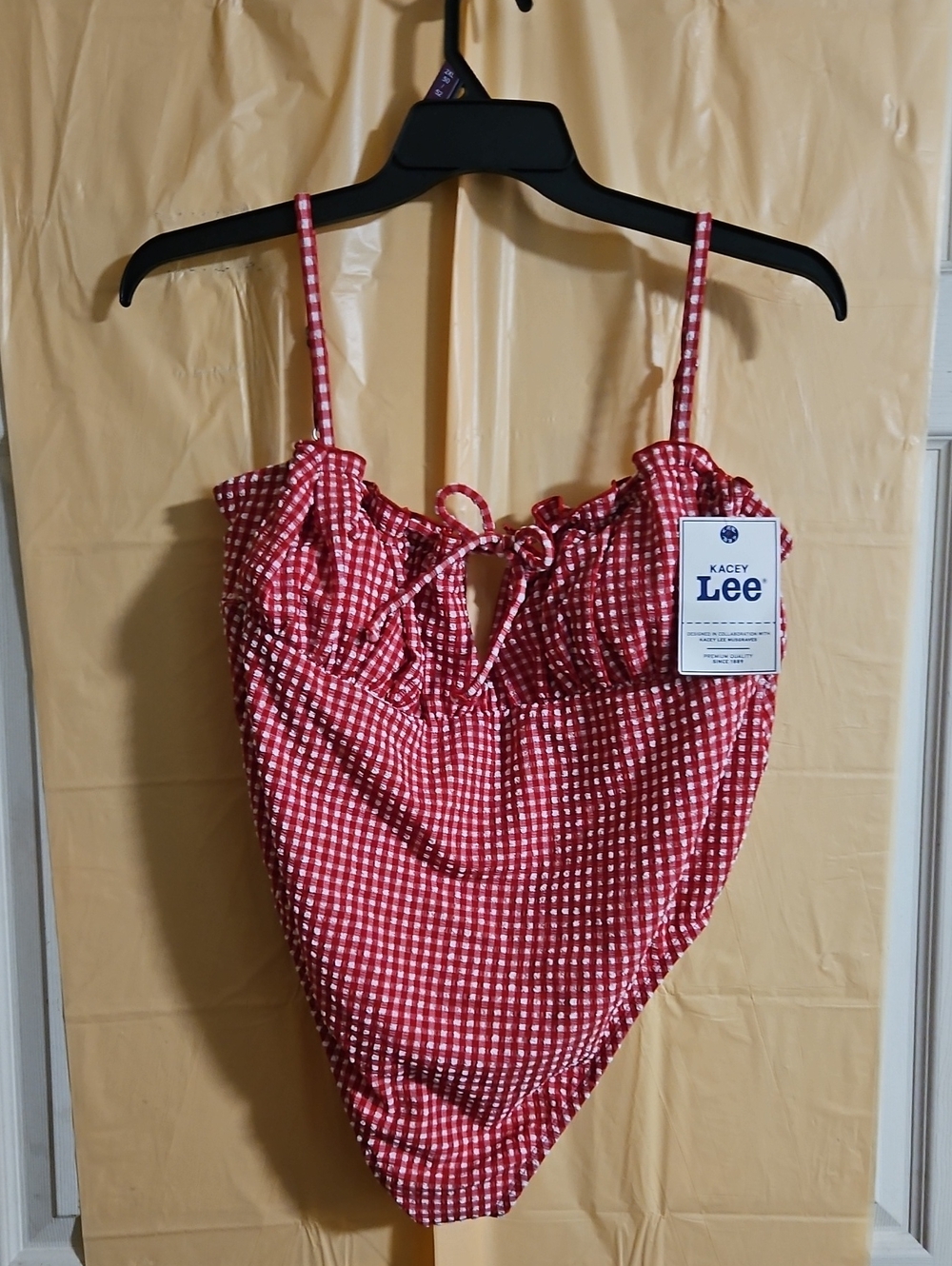 LEE Kacey Lee Tie Neck Scoop Back One Piece Swimsuit: RED GINGHAM: NWT: XXL (20)